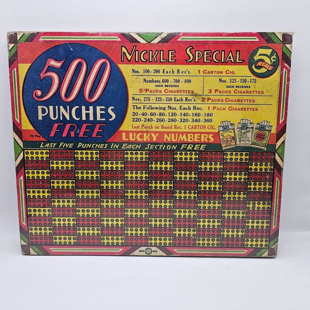 Vintage Nickel Special Punch Board 500 Punches Lucky Numbers Cigarettes